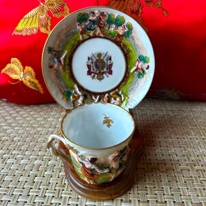 CAPODIMONTE Antique Italian Demitasse chirub cup, and saucer set.